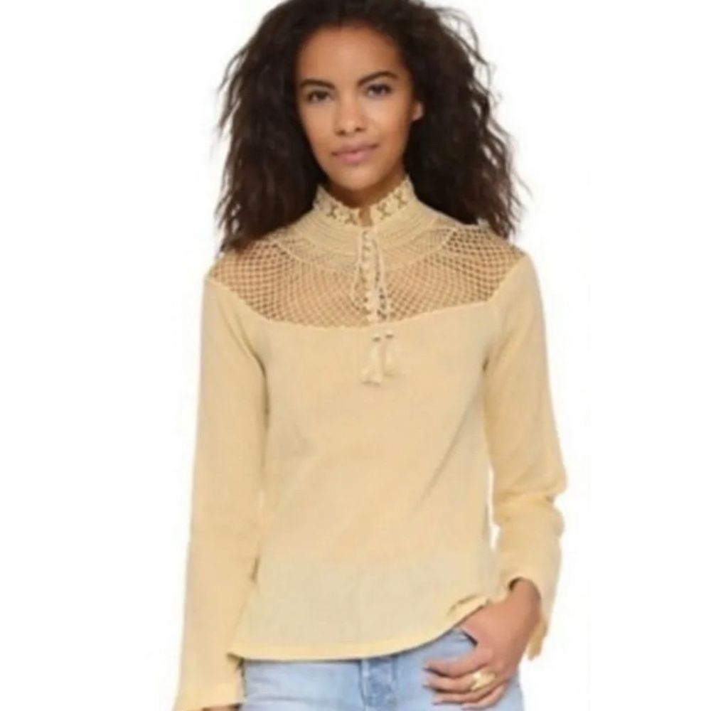 Free People Pale Yellow On The Island Crochet Yoke High Neck Top Size Medium